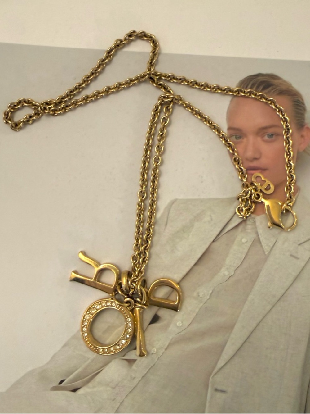 Authentic Dior Vintage DIOR Letter Charm Necklace - Gold Finish & Crystals